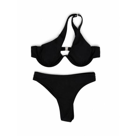 Shein Other - Black Ribbed Two-Piece Bikini Set Asymmetrical One-Shoulder Swimwear Size XS